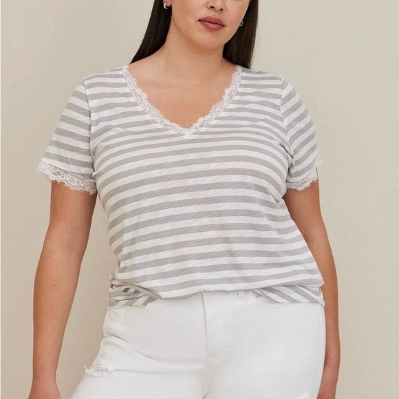 Gray Striped Lace Trim Women's Top - Picture 1 of 10